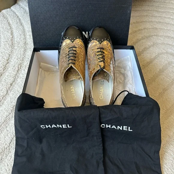 CHANEL Women’s Gold and Black Oxford Shoes - Picture 1 of 14
